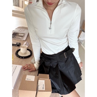 4LIE PRA * A 23 autumn and winter New half zipper bottoming shirt for women fashion all-match classic black and white bottoming shirt for women