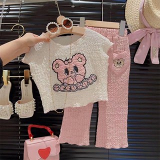 Girls summer suit, childrens suit, bubble pleated cartoon bat shirt, love pocket, micro trousers, two sets of elastic pants.