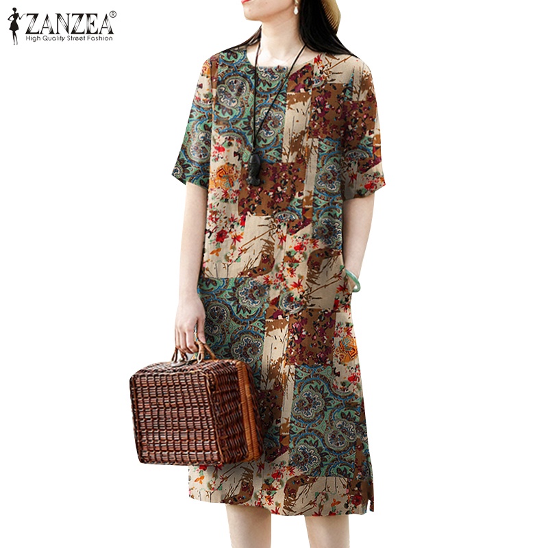Zanzea ชุดมิดี้เดรส คอปาด แขนสั้น ผ้าฝ้าย ผ้าลินิน พิมพ์ลาย สไตล์เกาหลี สําหรับผู้หญิง