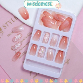 WISDOMEST เล็บปลอม แบบกด ถอดออกได้ สีชมพู สไตล์ฝรั่งเศส สําหรับเด็กผู้หญิง