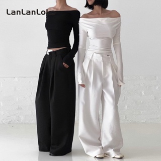 Lanlanlolo เสื้อยืดลําลอง แขนยาว เปิดไหล่ เปลือยหลัง รัดรูป สีพื้น เซ็กซี่ แฟชั่นสําหรับสตรี 2023