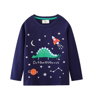 เสื้อยืดคอกลม แขนยาว พิมพ์ลายการ์ตูนไดโนเสาร์น่ารัก สําหรับเด็กผู้ชาย 2-7 ปี