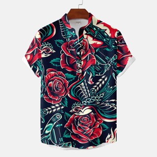 เสื้อเชิ้ตแขนสั้น คอปก ผ้าลินิน พิมพ์ลายดอกกุหลาบ 3 มิติ ระบายอากาศ ทรงหลวม สําหรับผู้ชาย