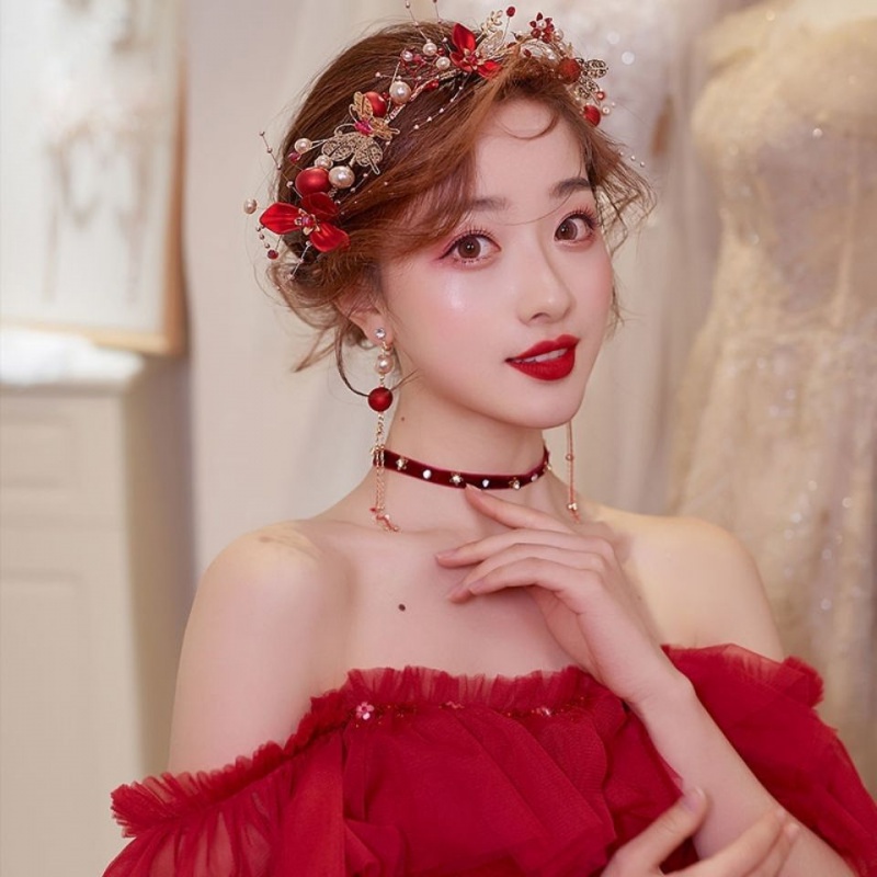 ชุดประดับมงกุฎเจ้าสาวสีแดง แต่งงาน แต่งงาน แต่งงานเครื่องประดับตก แต่งผมนางฟ้า SuperSessun ชุดเครื่องประดับ