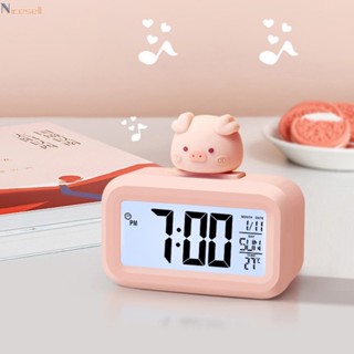 นาฬิกาปลุกอิเล็กทรอนิกส์ ลายการ์ตูนหมู สีชมพู พร้อมไฟ LED กระดิ่งเตือน อเนกประสงค์ สําหรับตกแต่ง