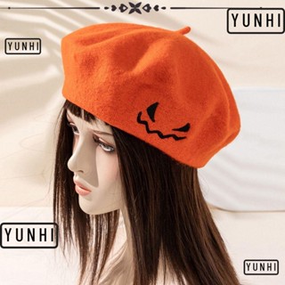 Yunhi หมวกเบเร่ต์ ผ้าวูล ปักลายฟักทองฮาโลวีน สีพื้น สําหรับเด็กผู้หญิง