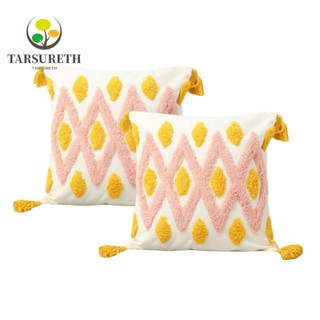 Tarsureth ปลอกหมอน ผ้าทอ ขนาด 18x18 นิ้ว พร้อมพู่ สีขาว ชมพู เหลือง สําหรับตกแต่งห้องนอน ห้องนั่งเล่น 2 ชิ้น