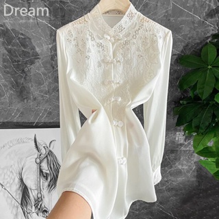 Chinese lace embroidered plate buckle niche white silk-like shirt Spring New hollow-out silk-like shirt