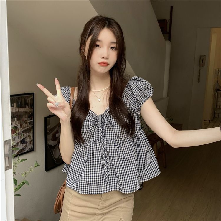 เสื้อเชิ้ตแขนสั้น ลายสก๊อต สีชมพูหวาน แฟชั่นฤดูร้อน สําหรับผู้หญิง 2023
