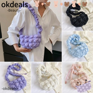 Okdeals กระเป๋าสะพายไหล่ กระเป๋าช้อปปิ้ง ทรงเมสเซนเจอร์ แต่งจับจีบ สีพื้น แฟชั่นสําหรับผู้หญิง