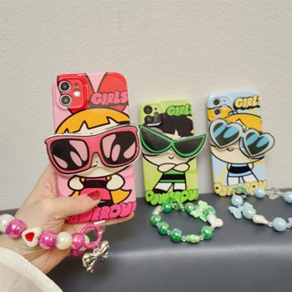 เคสโทรศัพท์มือถือแบบแข็ง ลายการ์ตูนพาวเวอร์พัฟเกิร์ล โบว์ 3D หรูหรา พร้อมสายคล้องมือ สําหรับ iPhone 11 Pro X XS XR Max Promax
