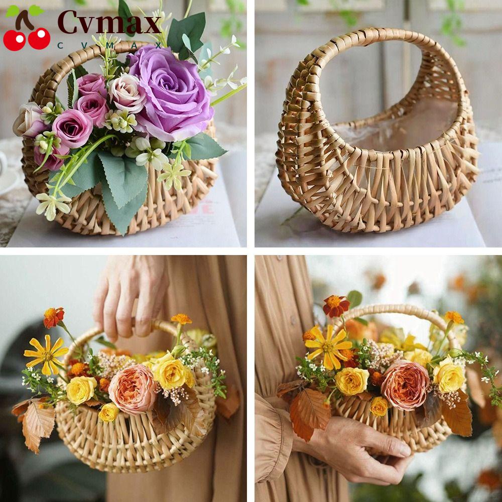 Cvmax ตะกร้าหวายสาน รูปพระจันทร์ สีเหลือง ขนาดเล็ก พร้อมที่จับ แฮนด์เมด สําหรับงานแต่งงาน