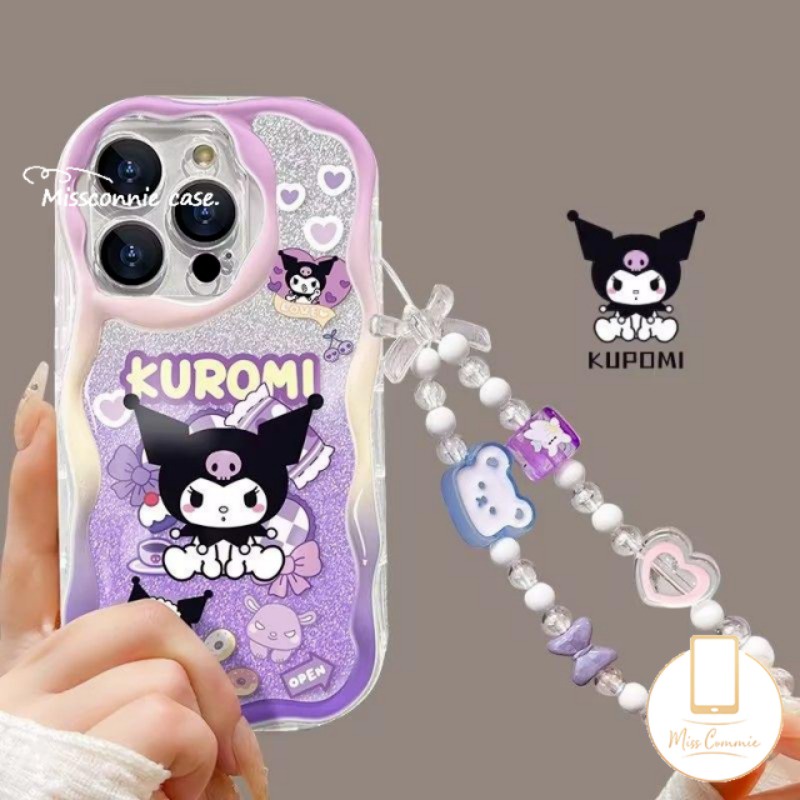 น่ารักการ์ตูน Kuromi นุ่มสําหรับ IPhone 11 16 14 12 13 Pro MAX X 16 7 6 8 6S Plus XR XS MAX SE 2020 Gradient สี 3D หยักขอบโค้ง TPU พร้อมสร้อยข้อมือหมีน่ารัก