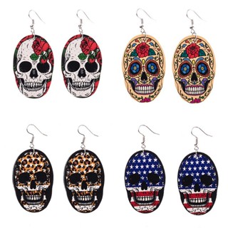 0908WSJ Wish Cross-Border European and American New Halloween Rose Leopard Print XINGX Funny Skull PU Leather Earrings Gift VFJH