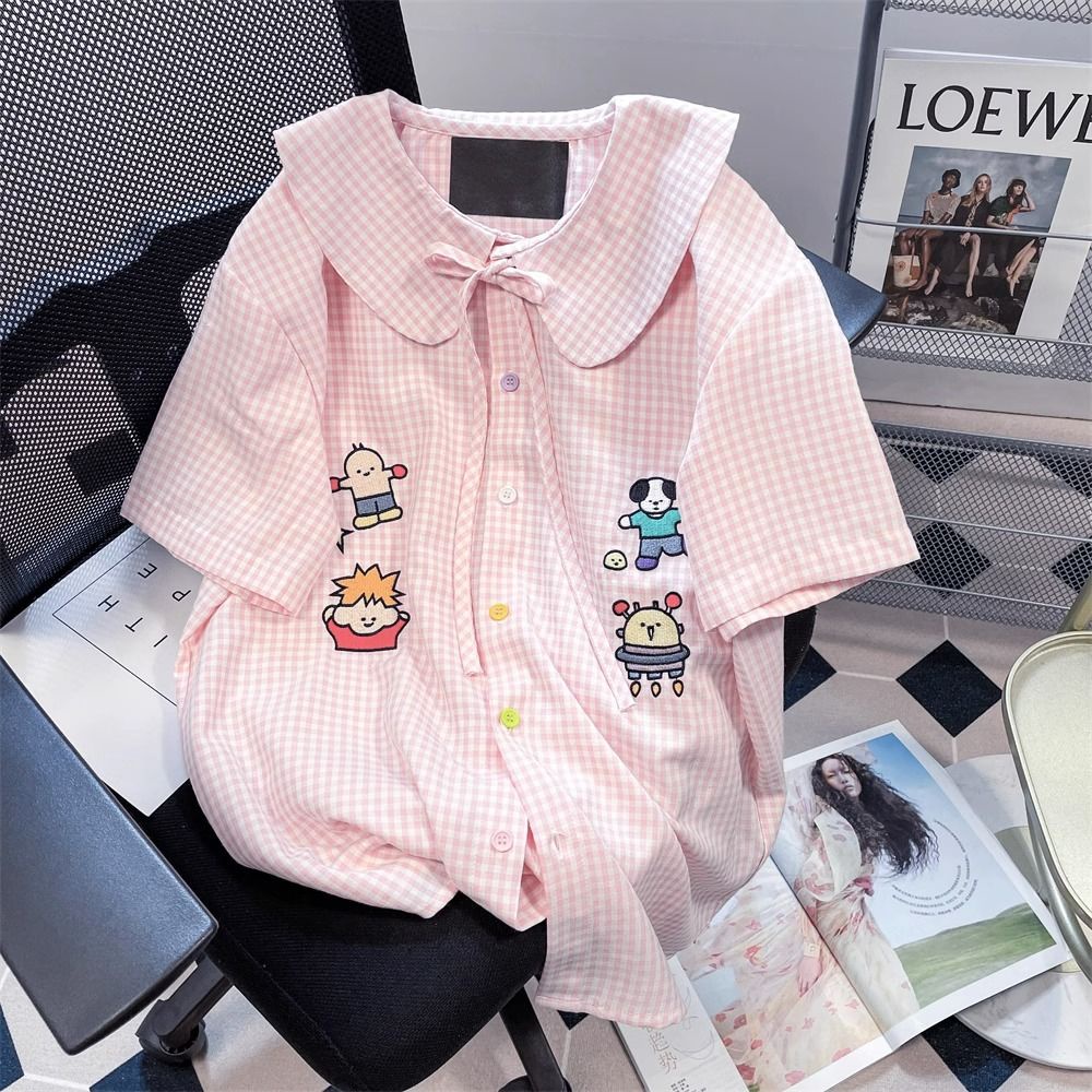 เสื้อเชิ้ตแขนสั้น คอตุ๊กตา ปักลาย ลายสก๊อตน่ารัก แฟชั่นฤดูร้อน สไตล์ญี่ปุ่นเรโทร สําหรับผู้หญิง