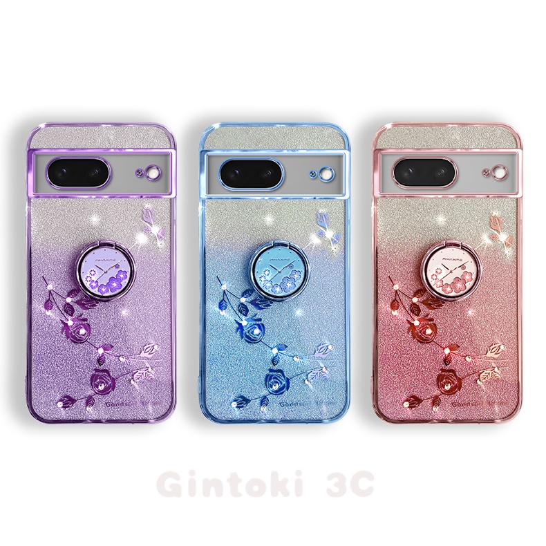 เคสโทรศัพท์มือถือ ซิลิโคนแข็ง กันกระแทก ลายดอกกุหลาบ กลิตเตอร์ พร้อมแหวนขาตั้ง 360 องศา หรูหรา สําหรับ Google Pixel 8 7 6 Pro 6A 7A