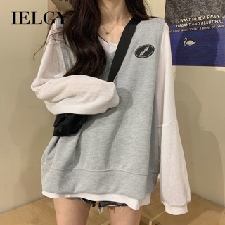 Ielgy เสื้อยืดแขนยาว คอวี ทรงหลวม สไตล์เกาหลี สําหรับผู้หญิง