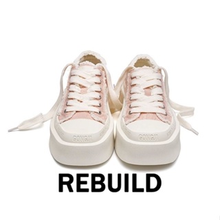 REBUILD รองเท้าผ้าใบผู้หญิง สีขาว พื้นหนา รองเท้าผ้าใบส้นสูงส้นหนา รองเท้าแฟชั่น ผูกเชือก 2023 NEW FYD23904U5 36Z230906