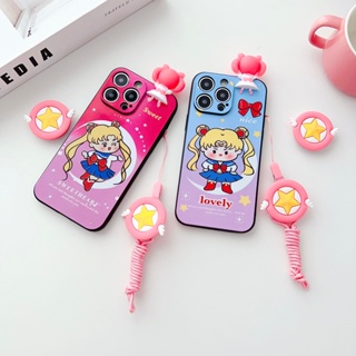 เคสโทรศัพท์มือถือ แบบนิ่ม ลายการ์ตูนเซเลอร์มูน มีสายคล้อง สําหรับ iPhone 11 12 13 14 15 Pro Max 11Pro 6 6S 7 8 14 Plus X XR XS Max 12 13 Mini 12Pro 15Pro 13 Pro Max