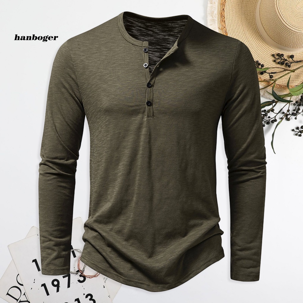 Han_ Henley Collar Top เสื้อยืดแขนยาวผู้ชายเสื้อยืดแขนยาวนุ่มสําหรับสวมใส่ทุกวันและกีฬาสีทึบปุ่มรอบค