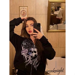 Ironknight- เสื้อฮู้ดแขนยาว มีซิป ลายโครงกระดูก สไตล์โกธิคพังก์ สําหรับผู้หญิง