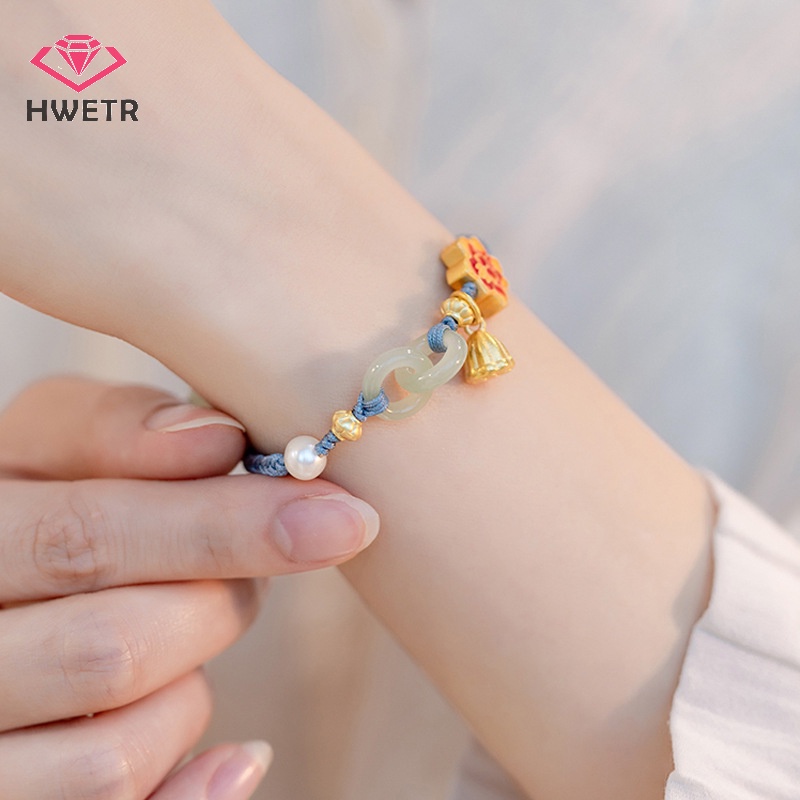 Hwetr สร้อยข้อมือถัก ประดับมุก หยก ดอกบัว สไตล์ชนเผ่า ปรับได้ เครื่องประดับแฟชั่น สําหรับผู้หญิง