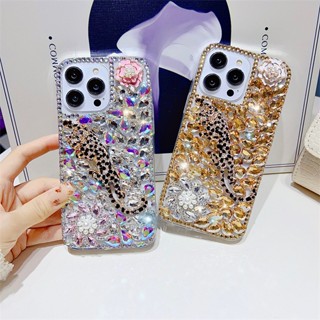 เคสป้องกันโทรศัพท์มือถือ ลายเสือดาว ประดับเพชร พลอยเทียม หรูหรา สําหรับ Apple Iphone 14promax 13 15