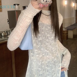 Gjcute Jacquard เสื้อยืดลําลอง แขนยาว ป้องกันแดด สําหรับผู้หญิง WTD