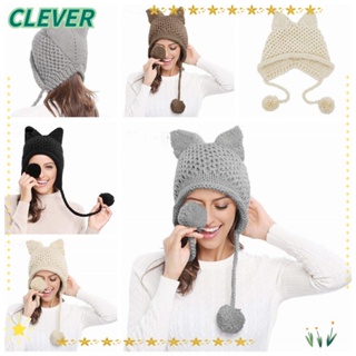 Clever หมวกบีนนี่ ผ้าถักโครเชต์ แบบนิ่ม ให้ความอบอุ่น ป้องกันหู สีพื้น แฟชั่นฤดูหนาว สําหรับเดินป่า กลางแจ้ง