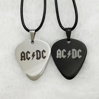 จี้ปิ๊กกีตาร์ AC&amp;DC ~ เครื่องประดับ สร้อยคอเชือกหนัง สร้อยคอสเตนเลส