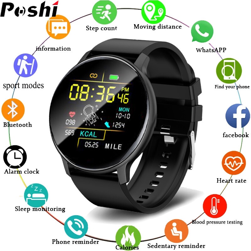 Poshi นาฬิกาข้อมือสมาร์ทวอทช์ เชื่อมต่อบลูทูธ กันน้ํา วัดอัตราการเต้นของหัวใจ ติดตามการออกกําลังกาย ดิจิทัล สําหรับ Android Ios Jam Tangan Lelaki