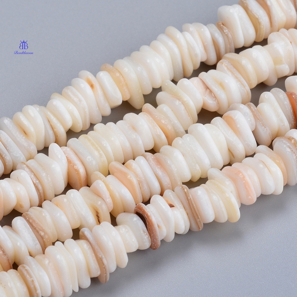 ลูกปัดเปลือกหอย สีขาว 6~10x5~7x1.5~2.5 มม. รู 1.2 มม. ประมาณ 190 ชิ้น ต่อเส้น 15.75 นิ้ว (40 ซม.) 1 เส้น