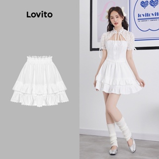 Lovito กระโปรง สองชั้น แต่งระบาย ลายลูกไม้ สีพื้น สไตล์ลำลอง สำหรับผู้หญิง L55AD093 (สีขาว)