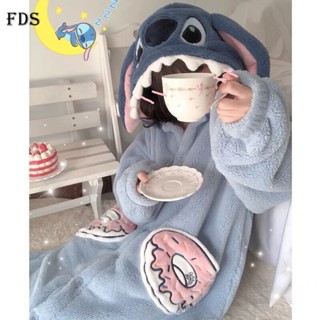 Fds ชุดนอน เสื้อคลุมยาว ผ้าฟลีซ แบบหนา ลายการ์ตูน Stitch แฟชั่นฤดูหนาว สําหรับผู้ชาย และผู้หญิง