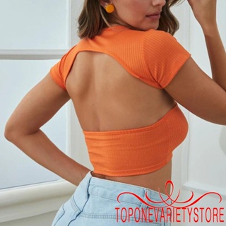 Topone- เสื้อครอปท็อป คอกลม แขนสั้น เปิดหลัง เข้ารูป สีพื้น สําหรับผู้หญิง