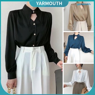 Yyr-- เสื้อเชิ้ตแขนยาว คอวี ผ้าซาติน กระดุมแถวเดียว ทรงหลวม แนวสตรีท สําหรับผู้หญิง