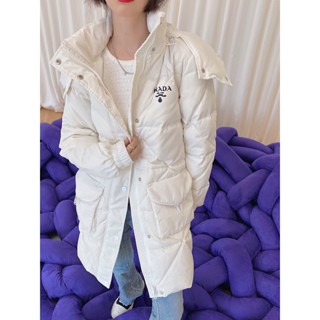 FTNI PRA*A 23Autumn and Winter New LetterslogoDecorative Rhombus Mid-Length Hooded Cotton Coat Jacket Womens Three-Dimensional Large Pocket