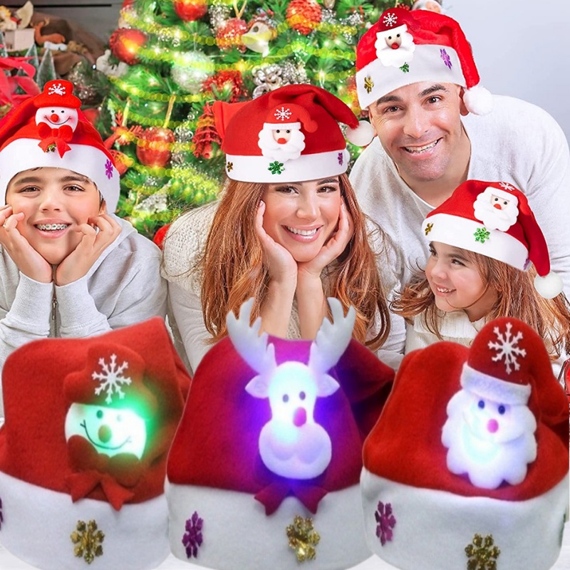 คริสต์มาส LED Light Up หมวก/สีแดง Thicken Santa Claus Snowman หมวก/หมวกคริสต์มาสน่ารักเด็ก/ปีใหม่เทศกาลอุปกรณ์ปาร์ตี้วันหยุด/คริสต์มาสฤดูหนาวของขวัญตกแต่ง