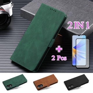 2 IN 1 เคสโทรศัพท์มือถือหนัง ฝาพับ พร้อมหน้าจอเซรามิค สองชิ้น สําหรับ OPPO A17