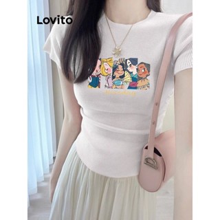 Lovito เสื้อยืดลําลอง ลายการ์ตูน สําหรับผู้หญิง LNE21289 (สีขาว/ดํา)