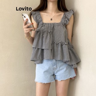 Lovito เสื้อกล้ามลําลอง แต่งระบาย สําหรับผู้หญิง LNA21280 (สีชมพู/ดํา)