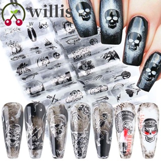 Willis สติกเกอร์ ลายกะโหลกฮาโลวีน สีดํา สําหรับติดตกแต่งเล็บ 10 ชิ้น ต่อชุด