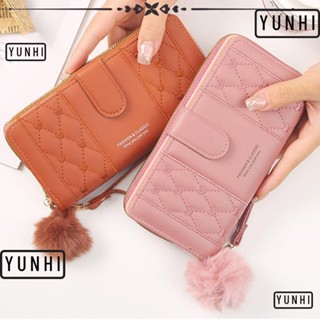 Yunhi กระเป๋าใส่เหรียญ หนัง PU ใบยาว มีซิป จุของได้เยอะ สีพื้น สําหรับผู้หญิง