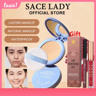 Sace Lady แป้งอัดแข็ง ควบคุมความมัน ติดทนนาน เนื้อแมตต์ 3 ชิ้นชุดแต่งหน้า 24H+ลิปสติกกันน้ำ+ลิปไลเนอร์กำมะหยี่ COD