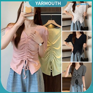 Yyr-- เสื้อยืดแขนสั้น คอวี แบบสวมหัว จับจีบ สีพื้น พลัสไซซ์ แฟชั่นฤดูร้อน สําหรับผู้หญิง