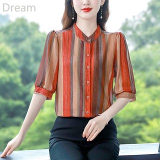 High-end new shirt Womens Mid-sleeve striped top printed mothers large size small shirt Western style age-reducing chiffon shirt for women