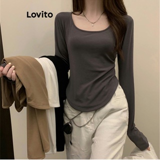 Lovito เสื้อยืดลําลอง แขนยาว แบบเรียบ สําหรับผู้หญิง LNE21029 (สีเทา)