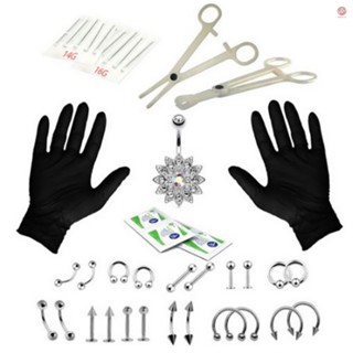 Durable Stainless Steel Body Piercing Jewelry Set - 20pcs Nose Tragus Belly Tongue Lip Needles Piercing Bar Ring Kit