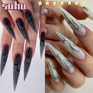 Suhuhd เล็บปลอม แบบยาว ถอดออกได้ สีเงิน สีดํา สไตล์ฝรั่งเศส สําหรับผู้หญิง