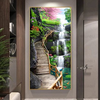 ภาพวาดผ้าใบ HD รูปสะพานน้ําตก ปลา นก ภูมิทัศน์ สําหรับตกแต่งบ้าน